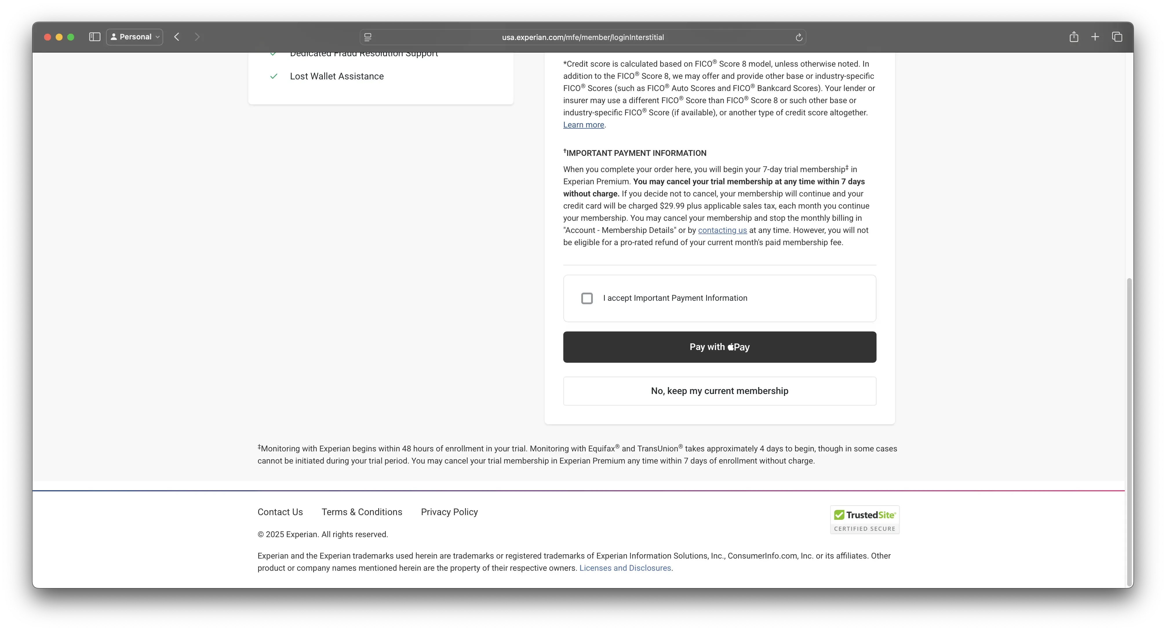 Screenshot of Experian interstitial bottom