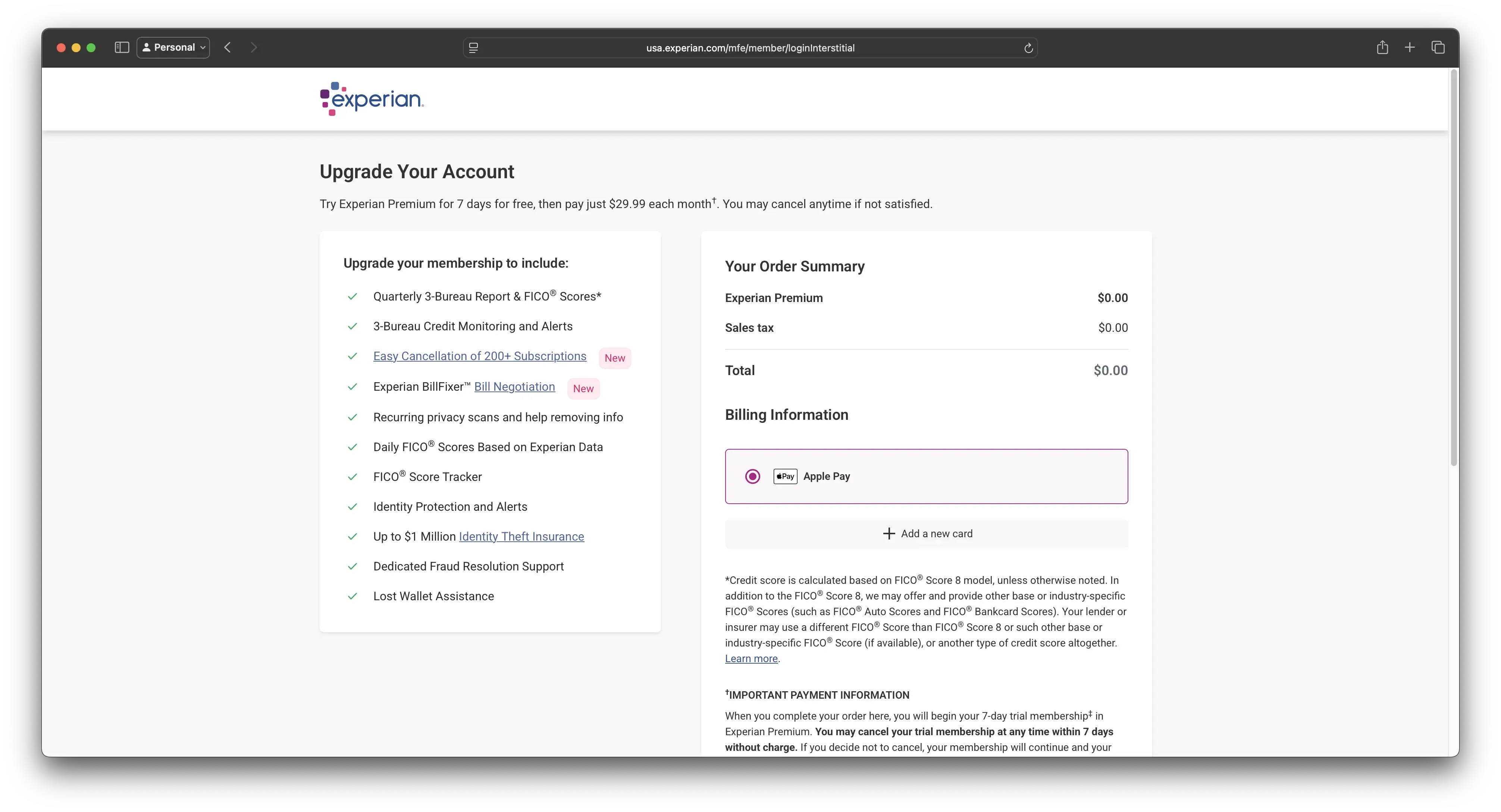 Screenshot of Experian interstitial top
