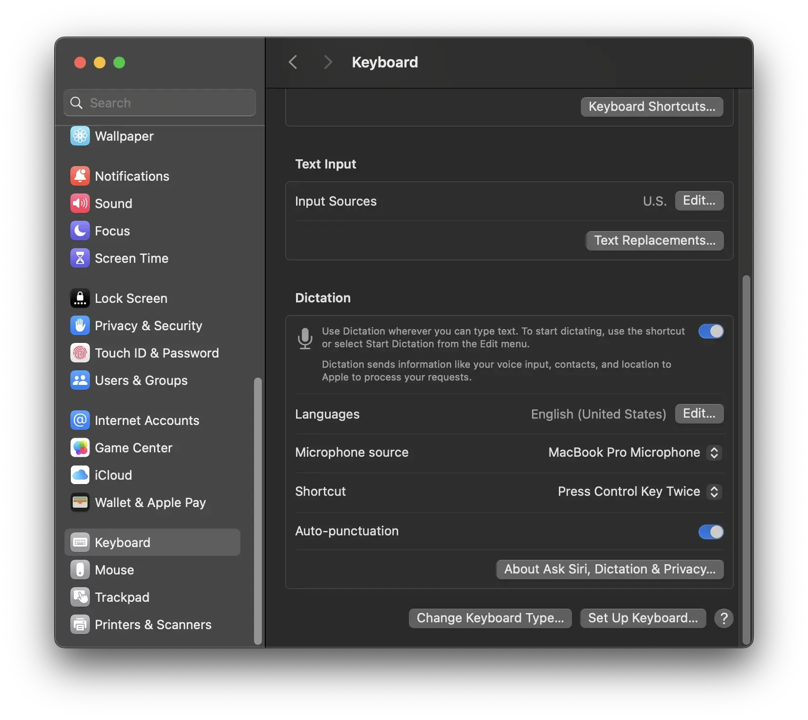 macOS Sequoia Dictation Settings