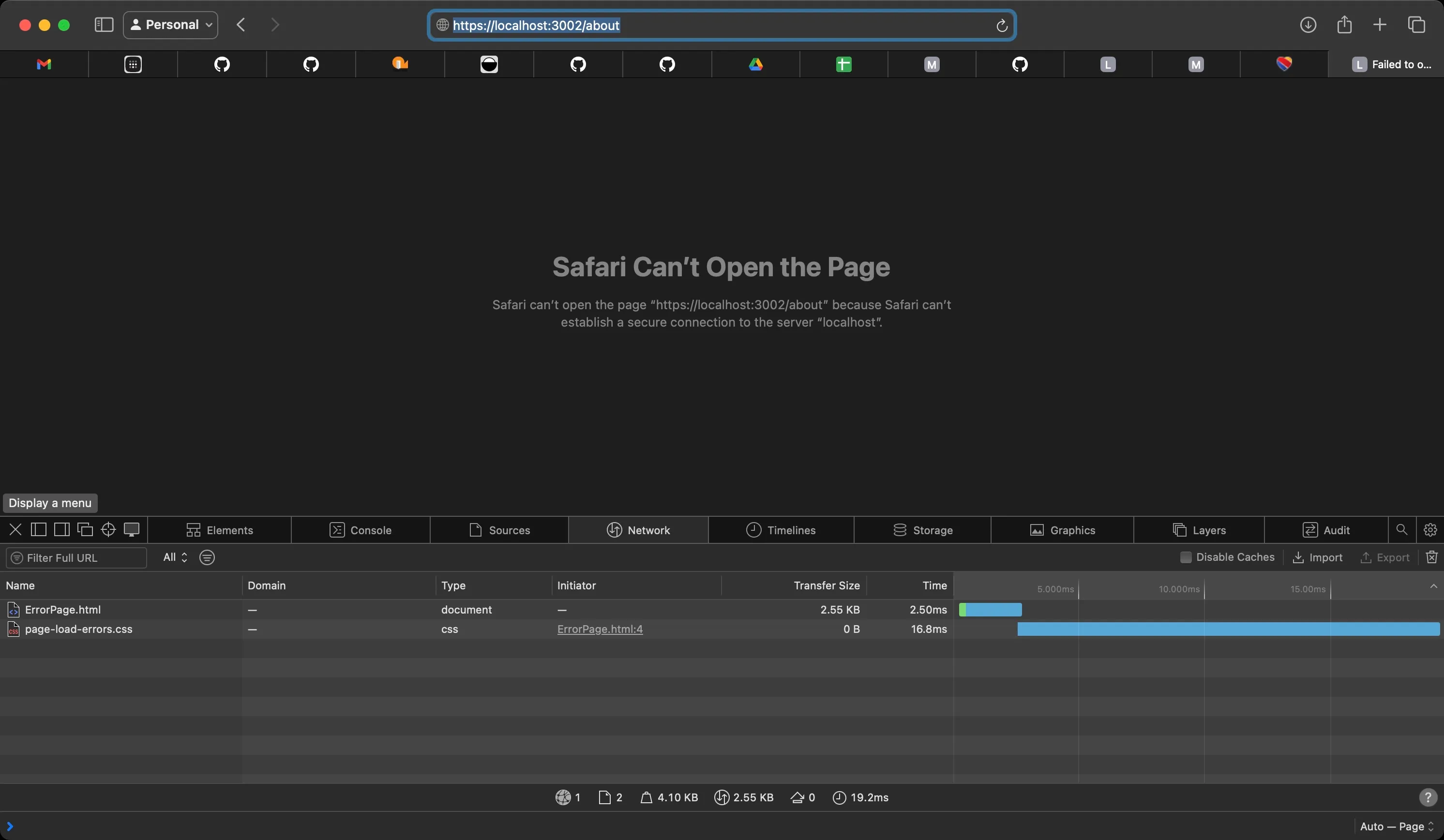 Safarfi displaying error page, cannot open https://localhost:3002/about