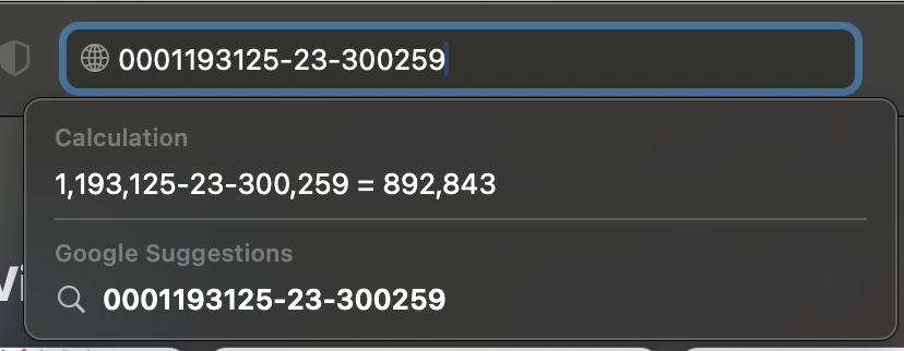 macOS Spotlight interpreting an SEC accession number as a math problem: 1,193,125 - 23 - 300,259 = 892,843