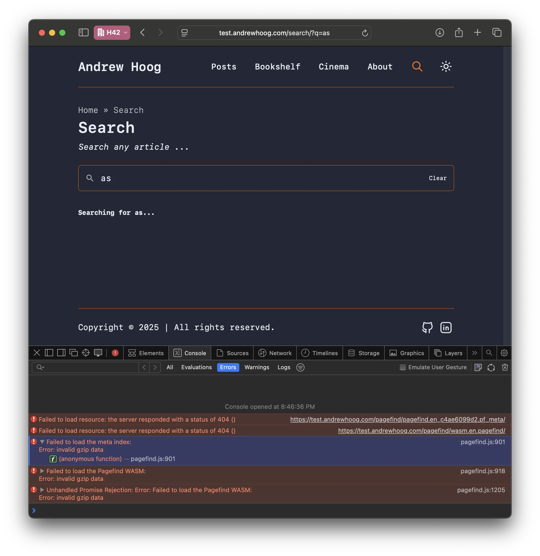 Astro Pagefind errors: invalid gzip data