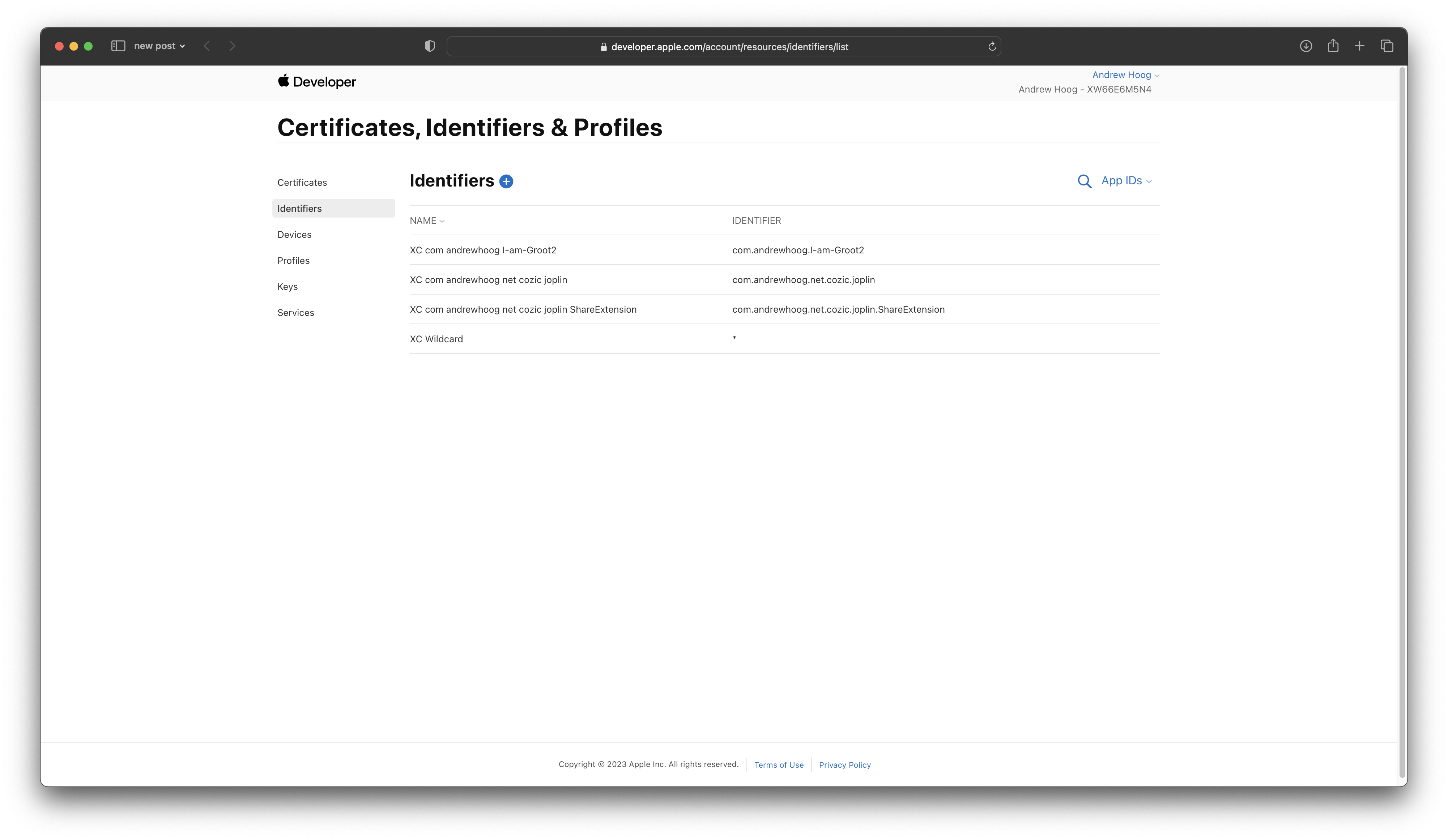 App Identifiers on Apple Developer website