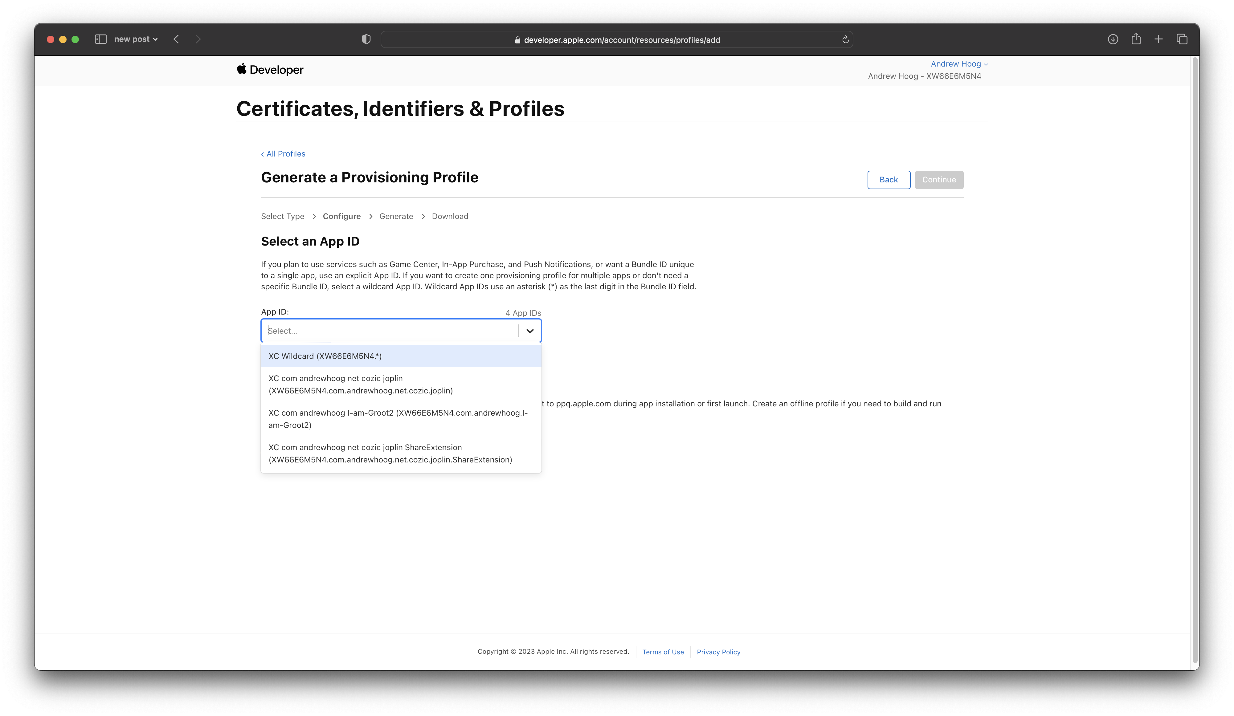 Select App ID for provisioning profile