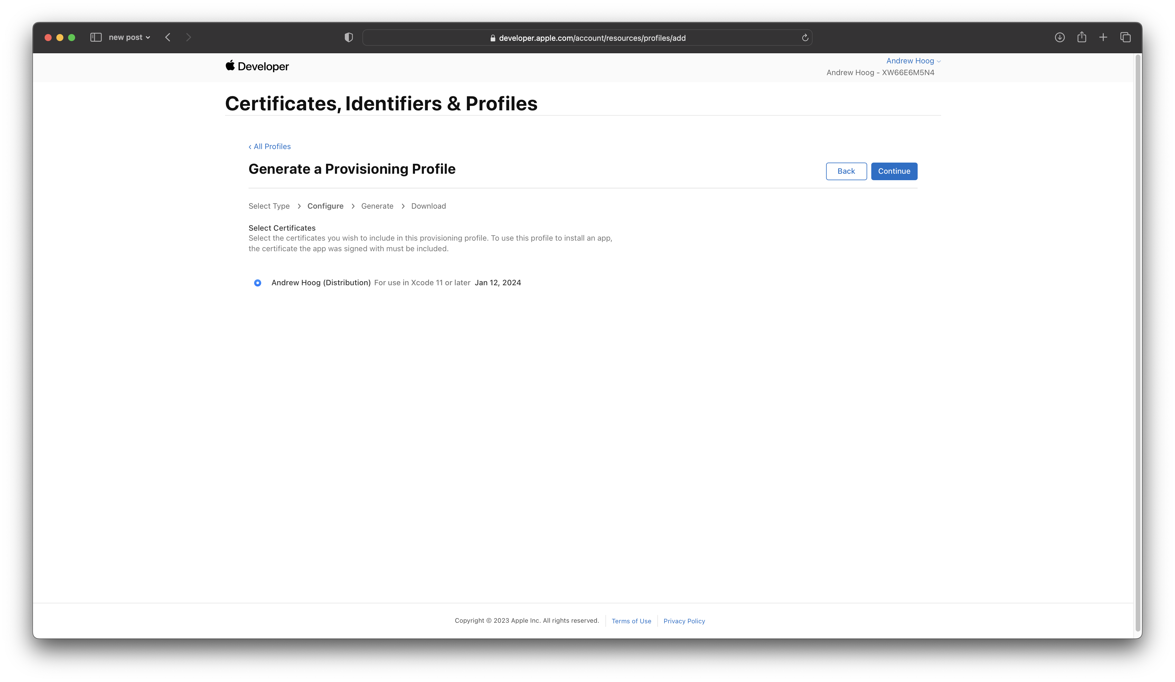 Select Distribution Certificate for provisioning profile