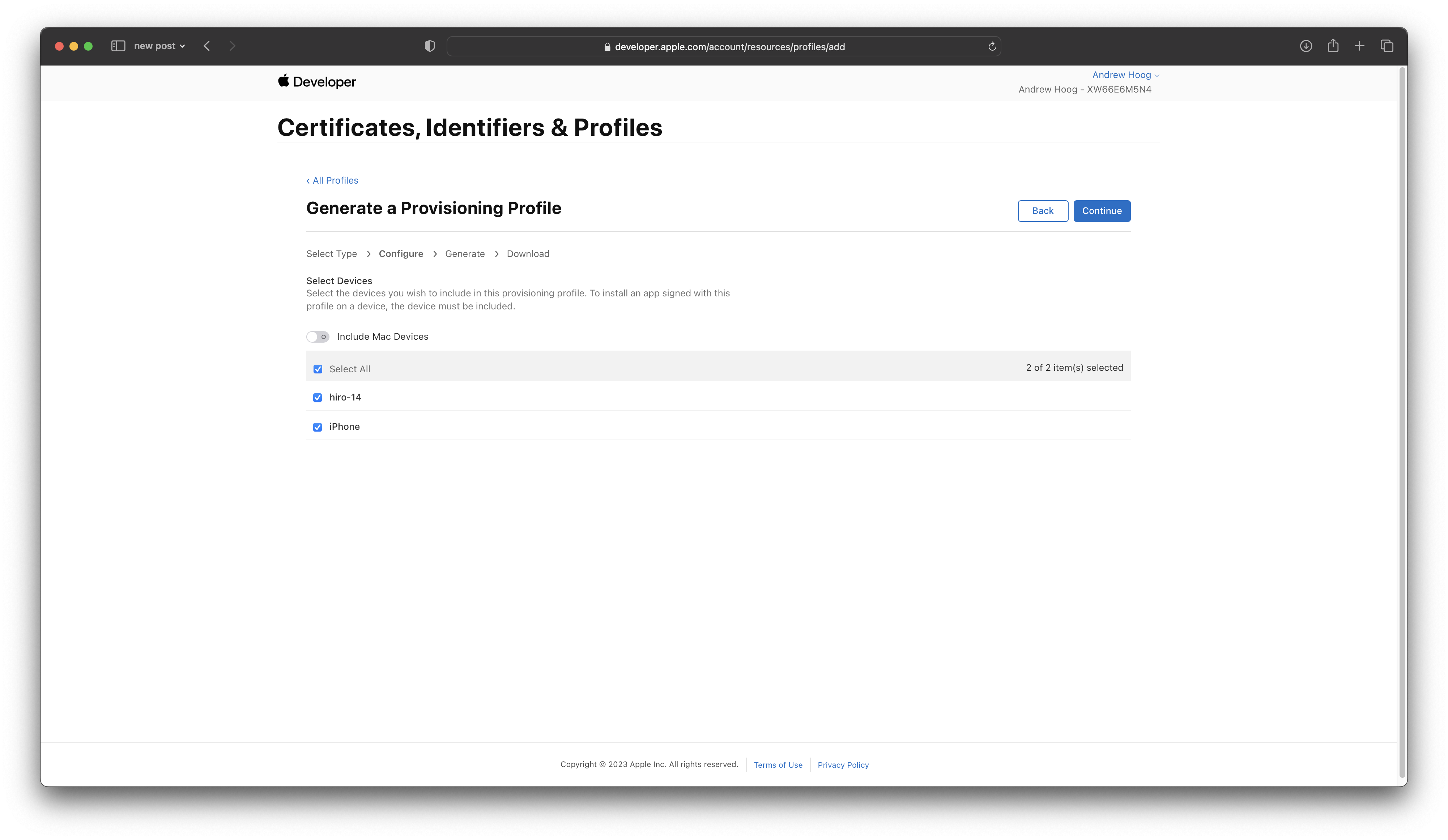 Choose your targeted iOS devices for the provisioning profile