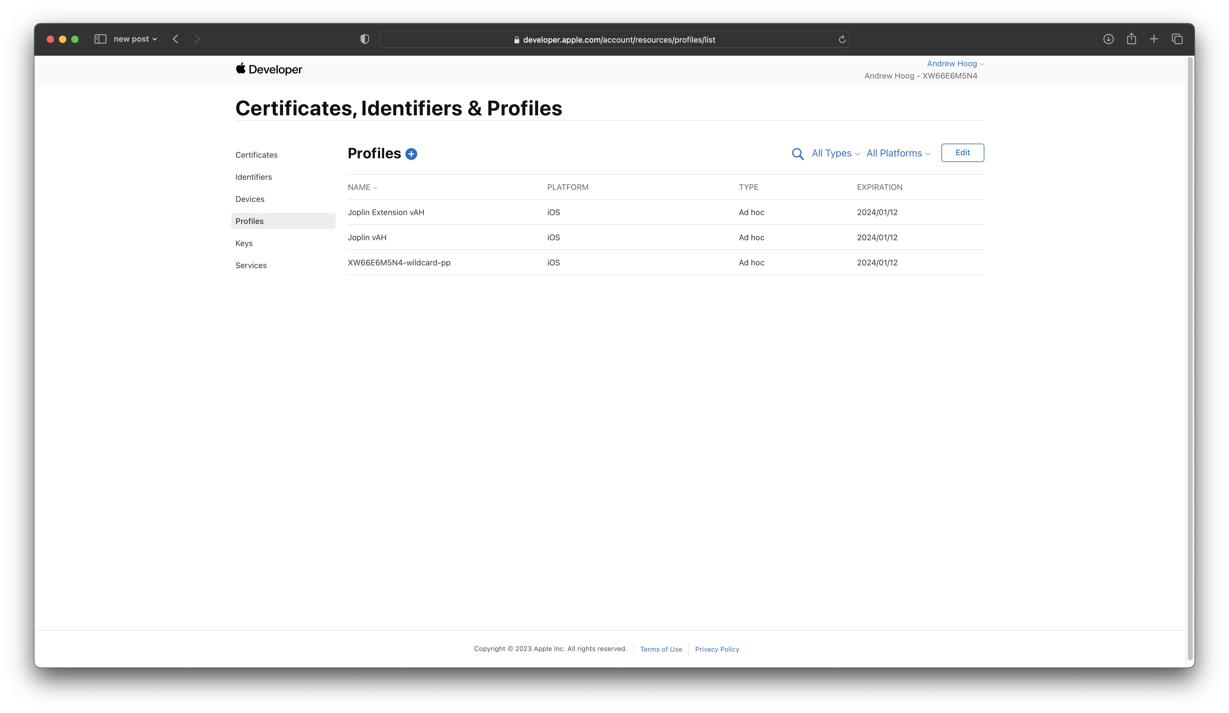 List of provisioning profiles on Apple Developer website