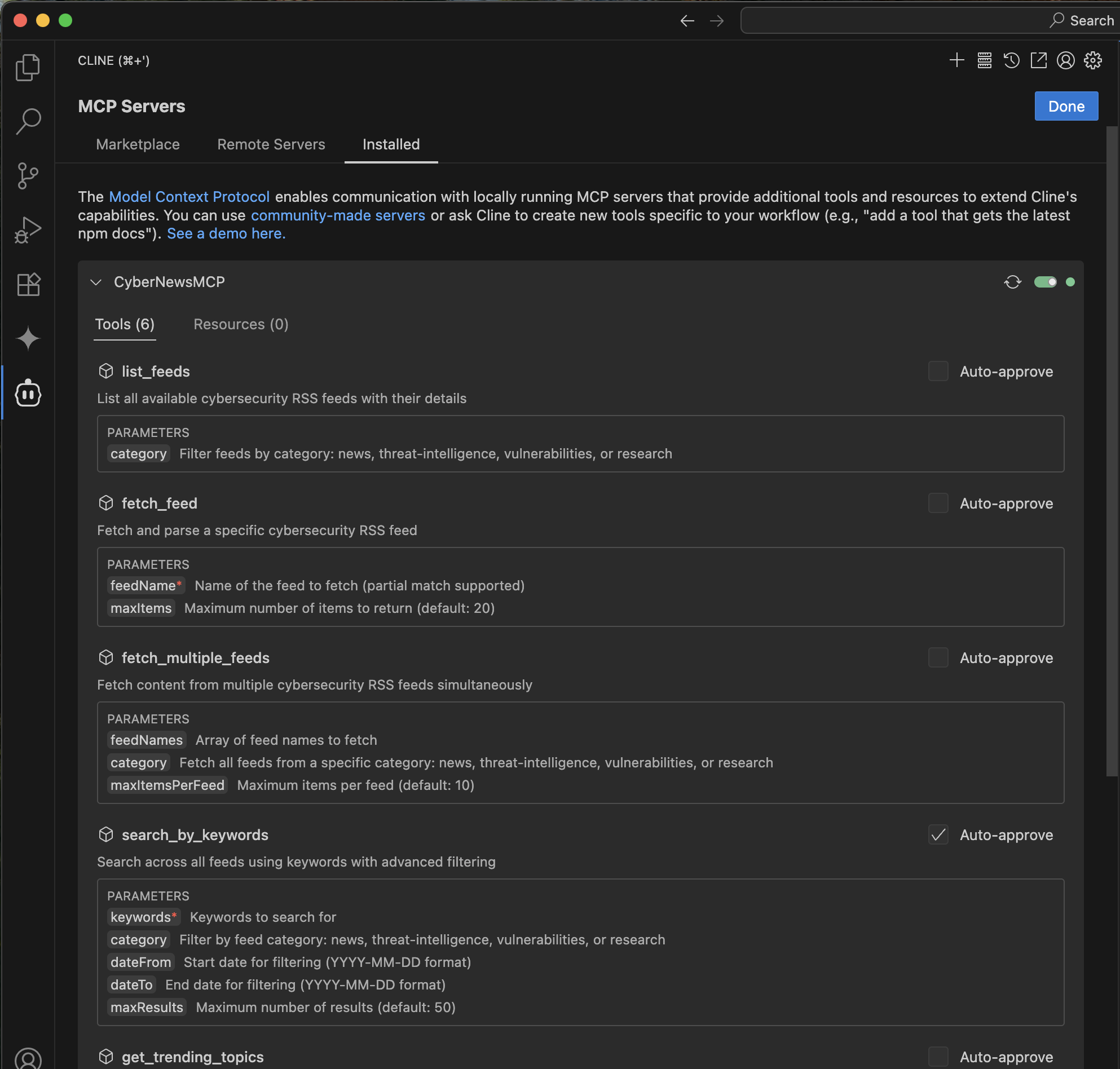 Cline listing MCP server tools