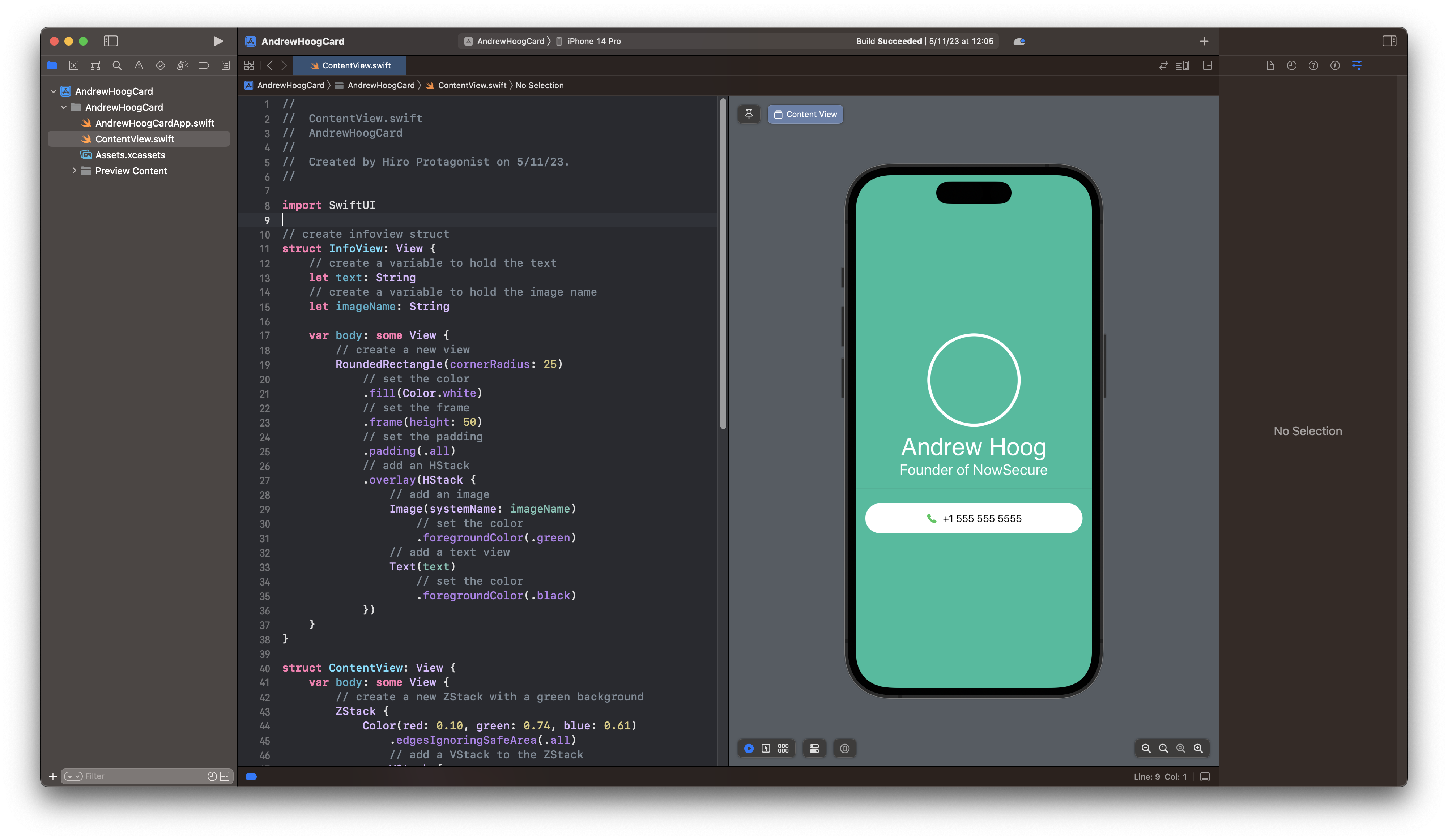 Xcode preview of AndrewHoogCard app