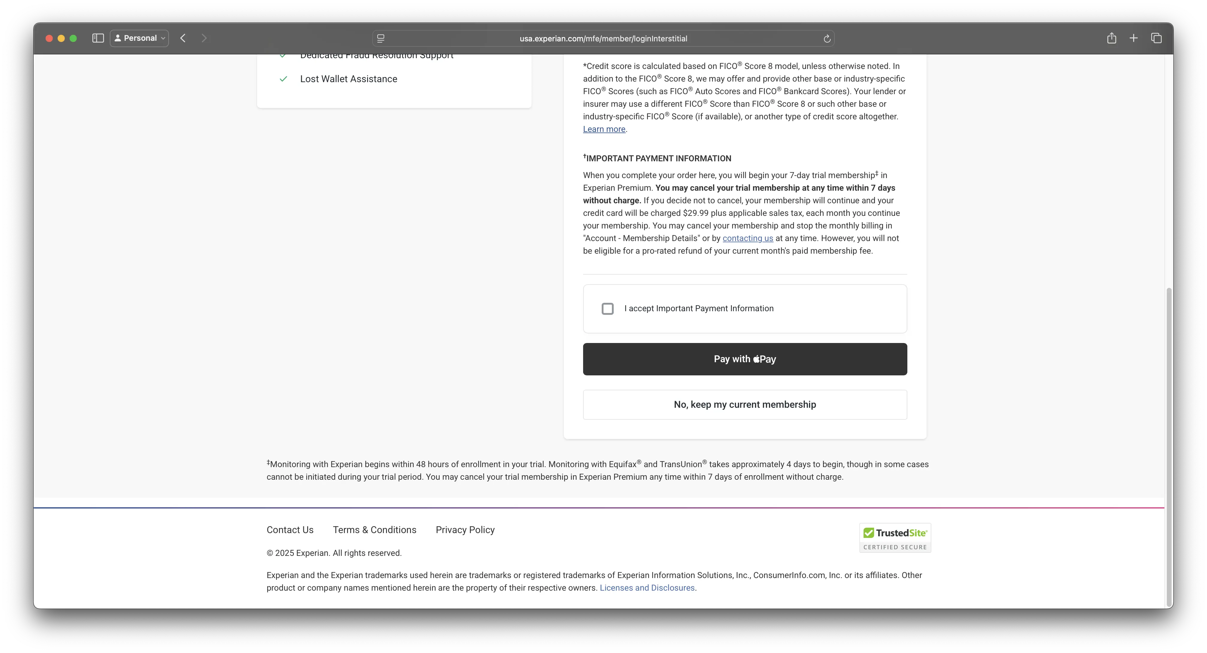 Screenshot of Experian interstitial bottom