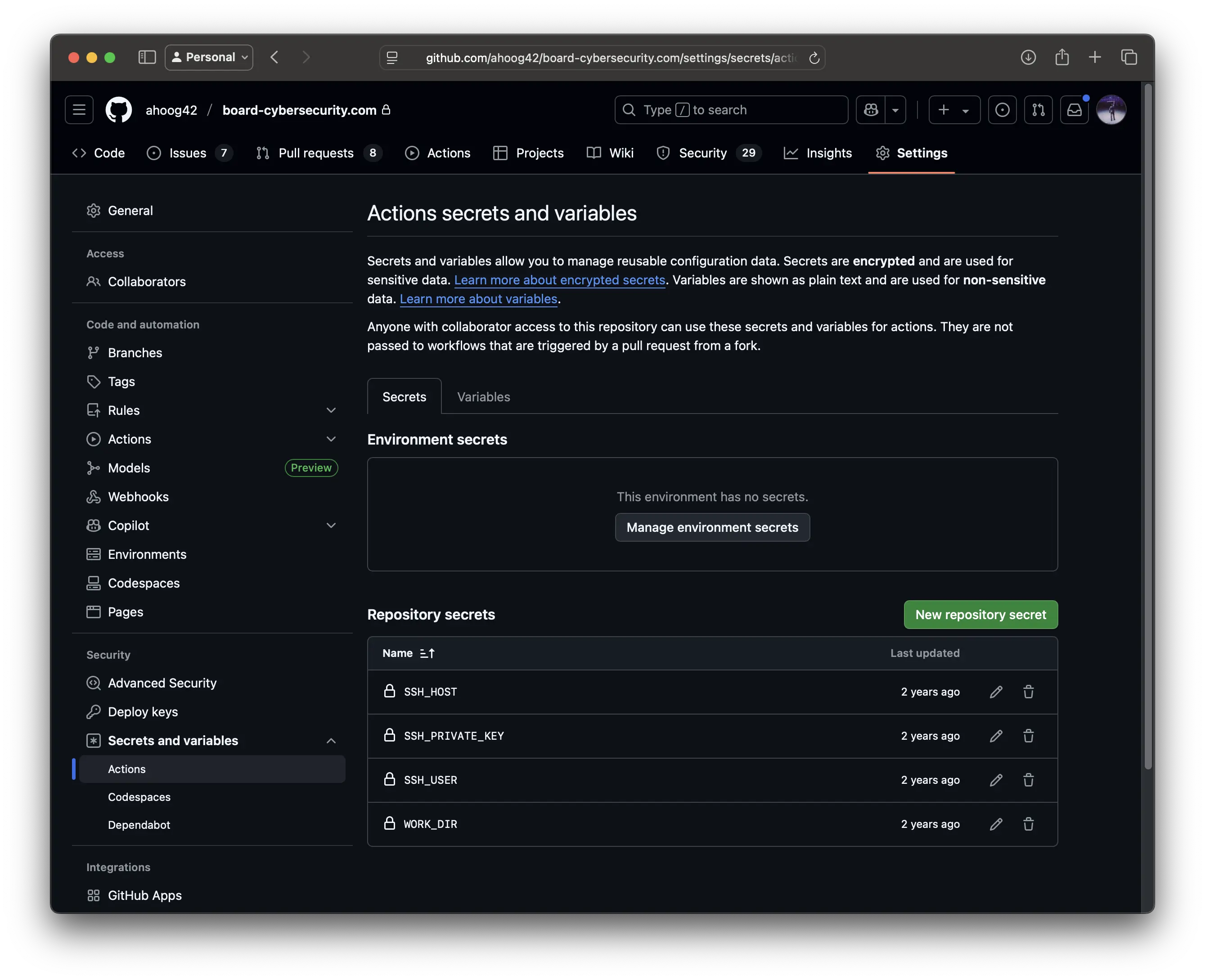 GitHub Actions secrets