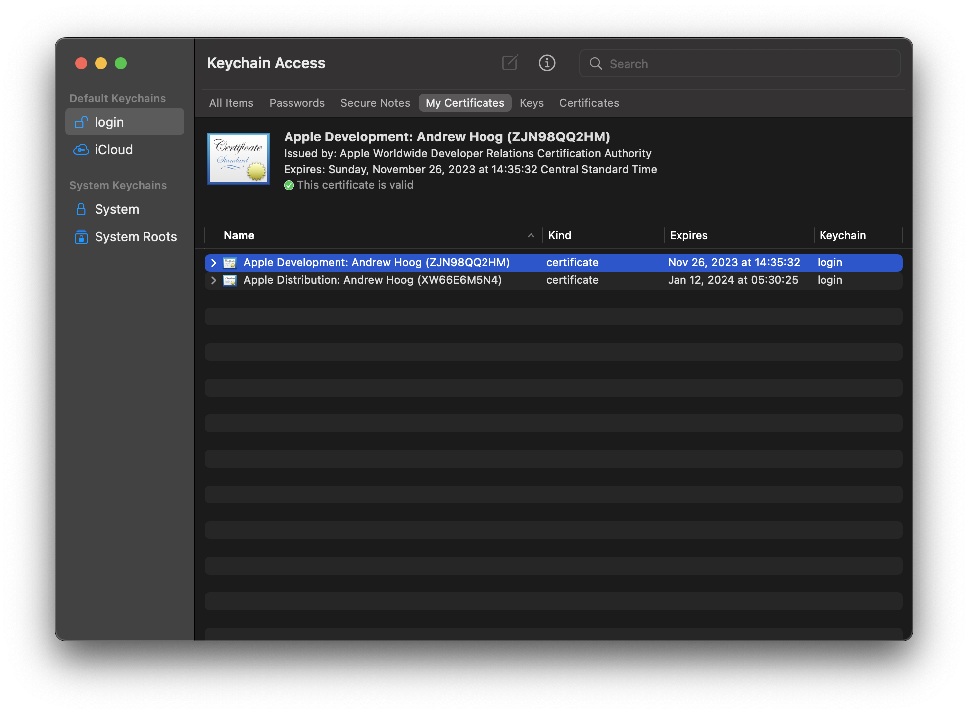 Apple Keychain Access - My Certificates