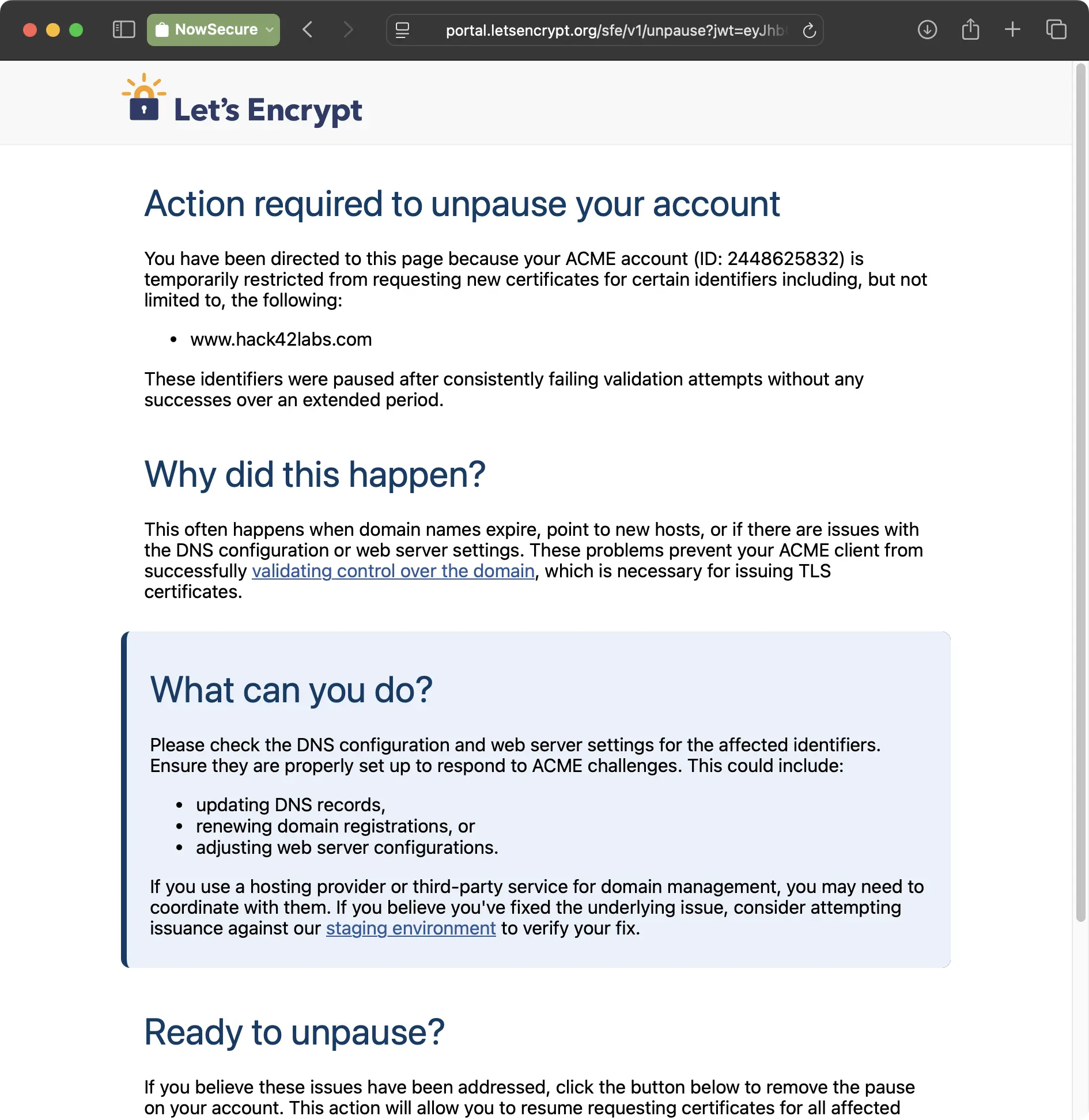 Let's Encrypt - Action required to unpause your account