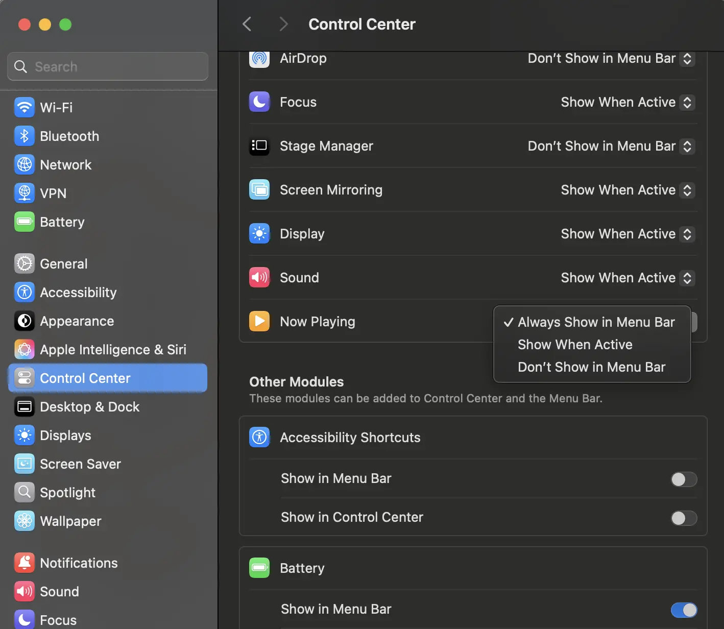 System Settings > Control Center > Now Playing