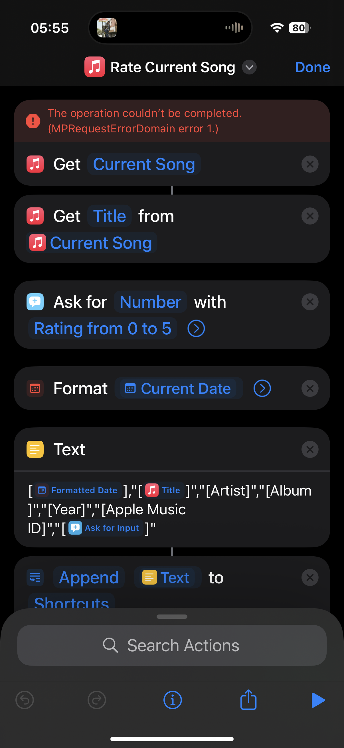 MPRequestErrorDomain error 1 in Apple Music Shortcut