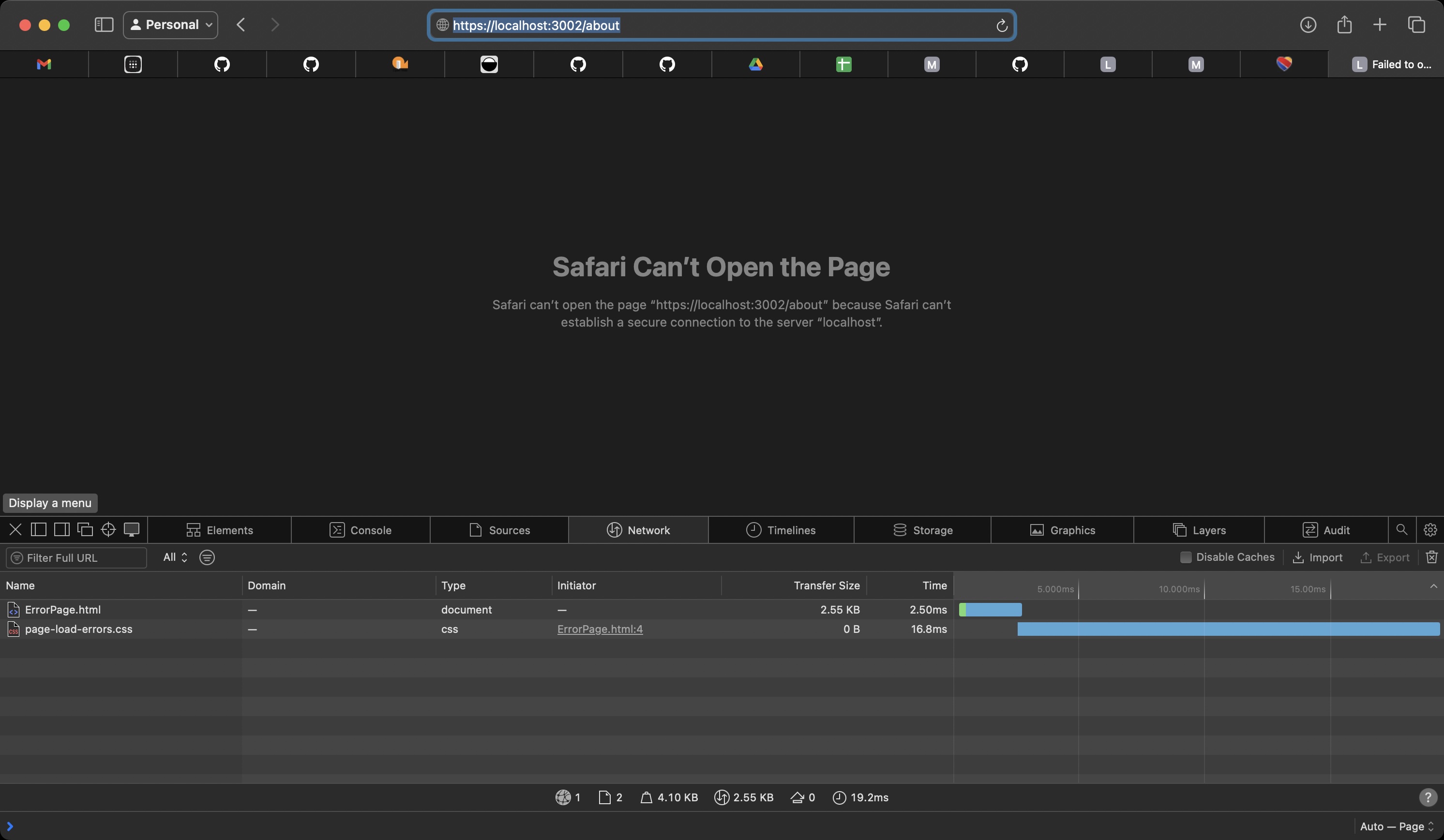 Safarfi displaying error page, cannot open https://localhost:3002/about